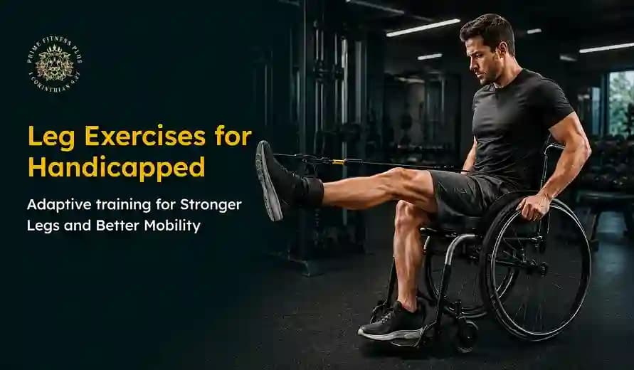 Man in a wheelchair performing leg exercises in a gym, promoting adaptive training for stronger legs and better mobility.