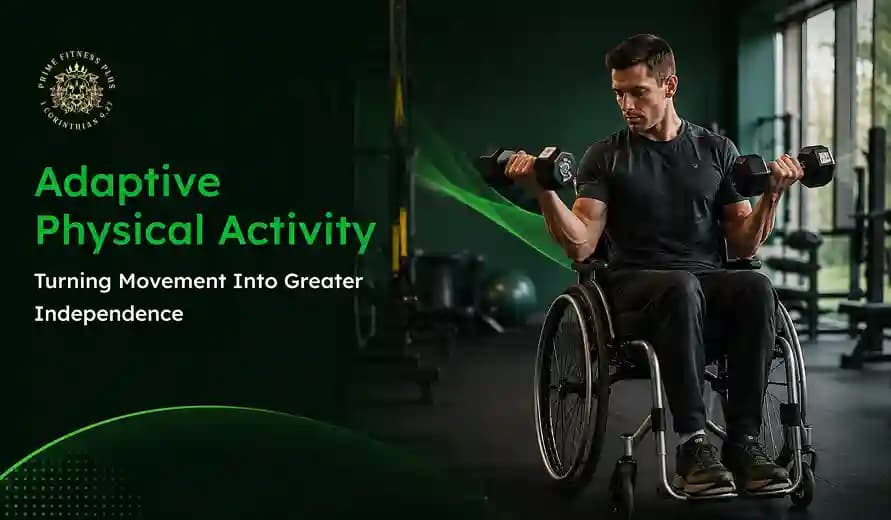 Promotional graphic of a focused man in a wheelchair doing dumbbell curls in a gym, with green text about adaptive physical activity and independence.