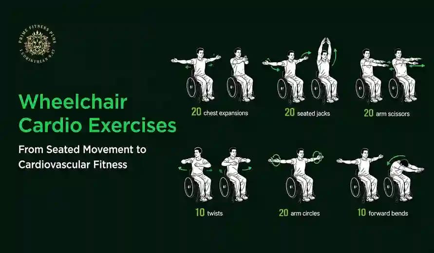 Wheelchair cardio exercises including chest expansions, seated jacks, arm scissors, twists, arm circles, and forward bends with reps.