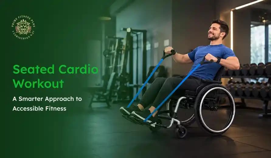 Smiling man in a wheelchair performs seated cardio with resistance bands in a gym; text promotes accessible fitness and adaptive exercise.