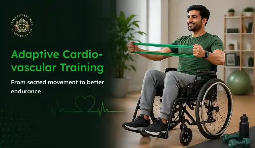 Accessible fitness graphic: smiling man in a wheelchair performs seated resistance-band exercise; text reads “Adaptive Cardiovascular Training.