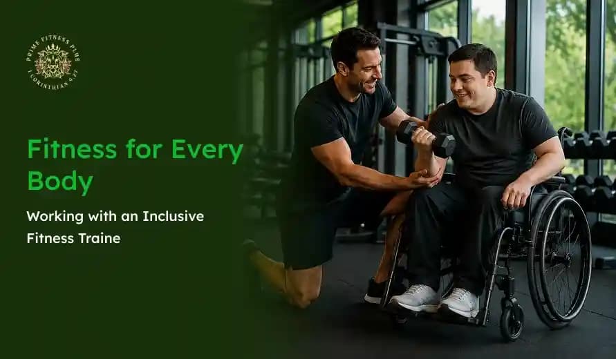 Inclusive fitness training: a smiling trainer assists a man in a wheelchair during an adaptive gym workout, promoting strength and support.