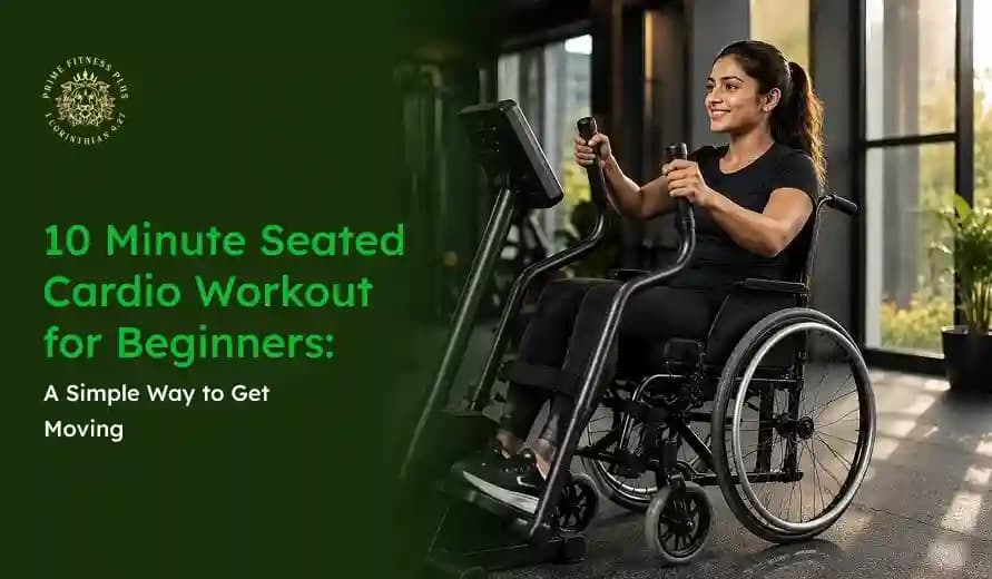 Promotional graphic for a 10-minute seated cardio workout for beginners, showing a smiling wheelchair user exercising on an indoor machine.