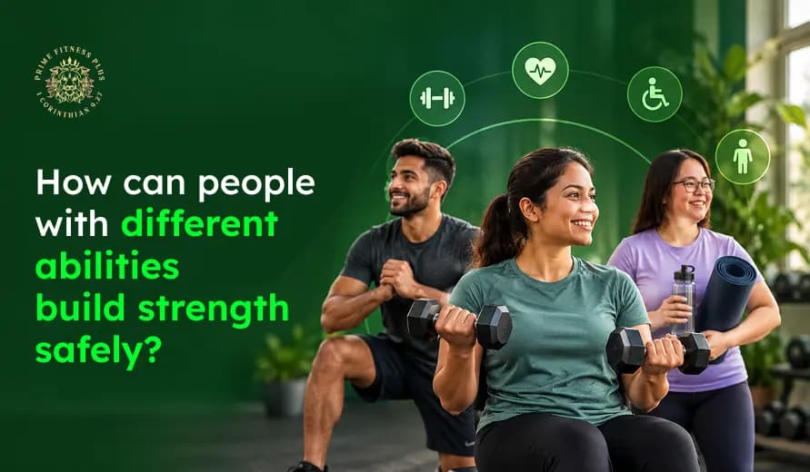 Promotional fitness graphic showing diverse adults exercising with dumbbells and a yoga mat, accessibility icons, and inclusive text about building strength safely.