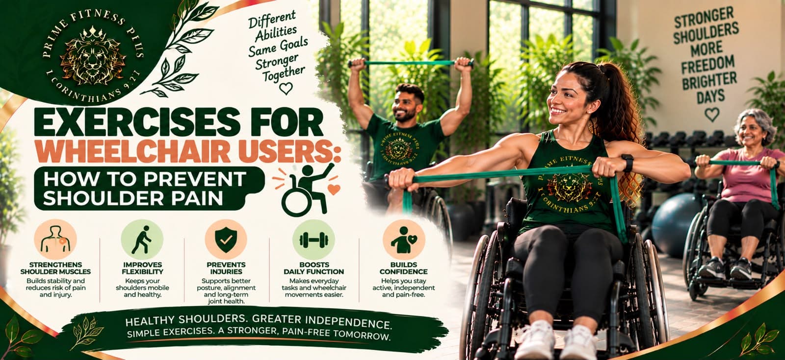 Man in a wheelchair using a resistance band to exercise shoulders, titled "Exercises for Wheelchair Users: How to Prevent Shoulder Pain.