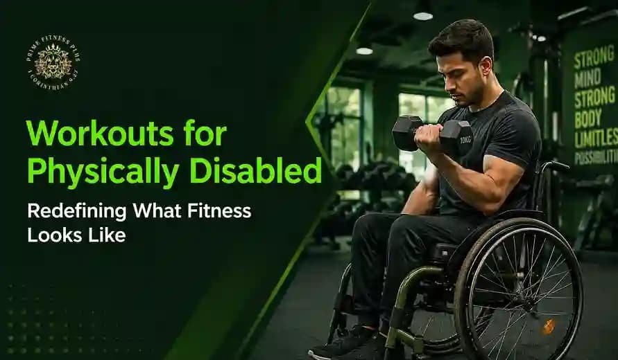 Man in a wheelchair lifting a dumbbell in a gym with text about workouts for the physically disabled and fitness empowerment.