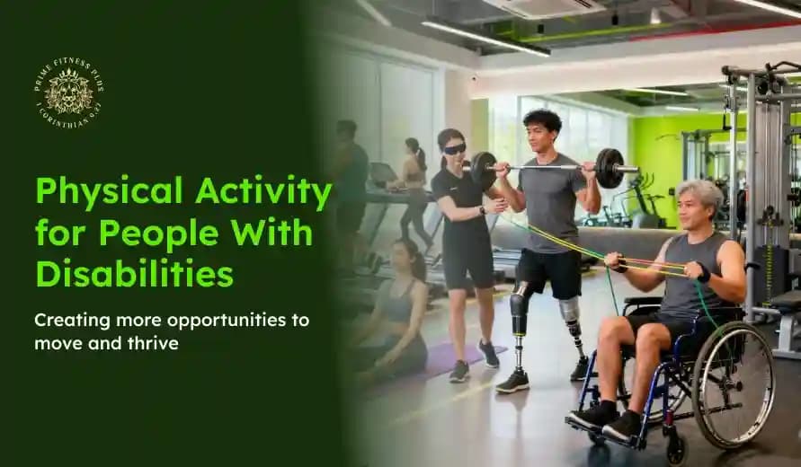 Inclusive gym scene with athletes using prosthetic legs and a wheelchair exercising with weights and bands; green text promotes disability fitness.