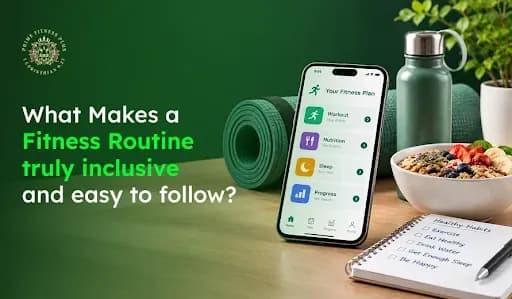 Smartphone with fitness plan app, yoga mat, water bottle, healthy breakfast bowl, and notebook with healthy habits checklist on wood table.