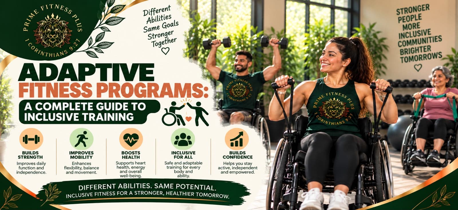 Group of diverse people exercising inclusively, including a woman in a wheelchair lifting weights, in a gym setting with fitness icons.