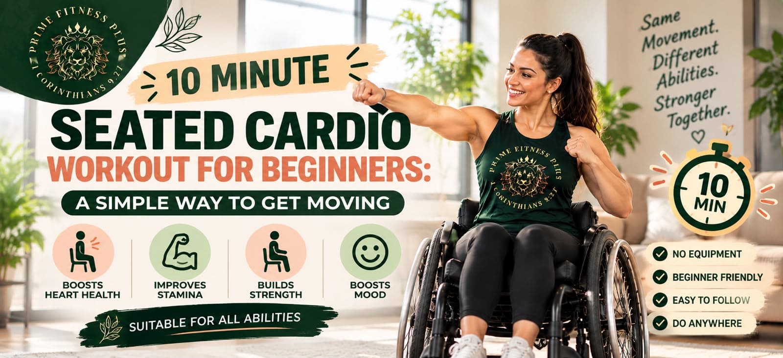 Promotional graphic for a 10-minute seated cardio workout for beginners, showing a smiling wheelchair user exercising on an indoor machine.
