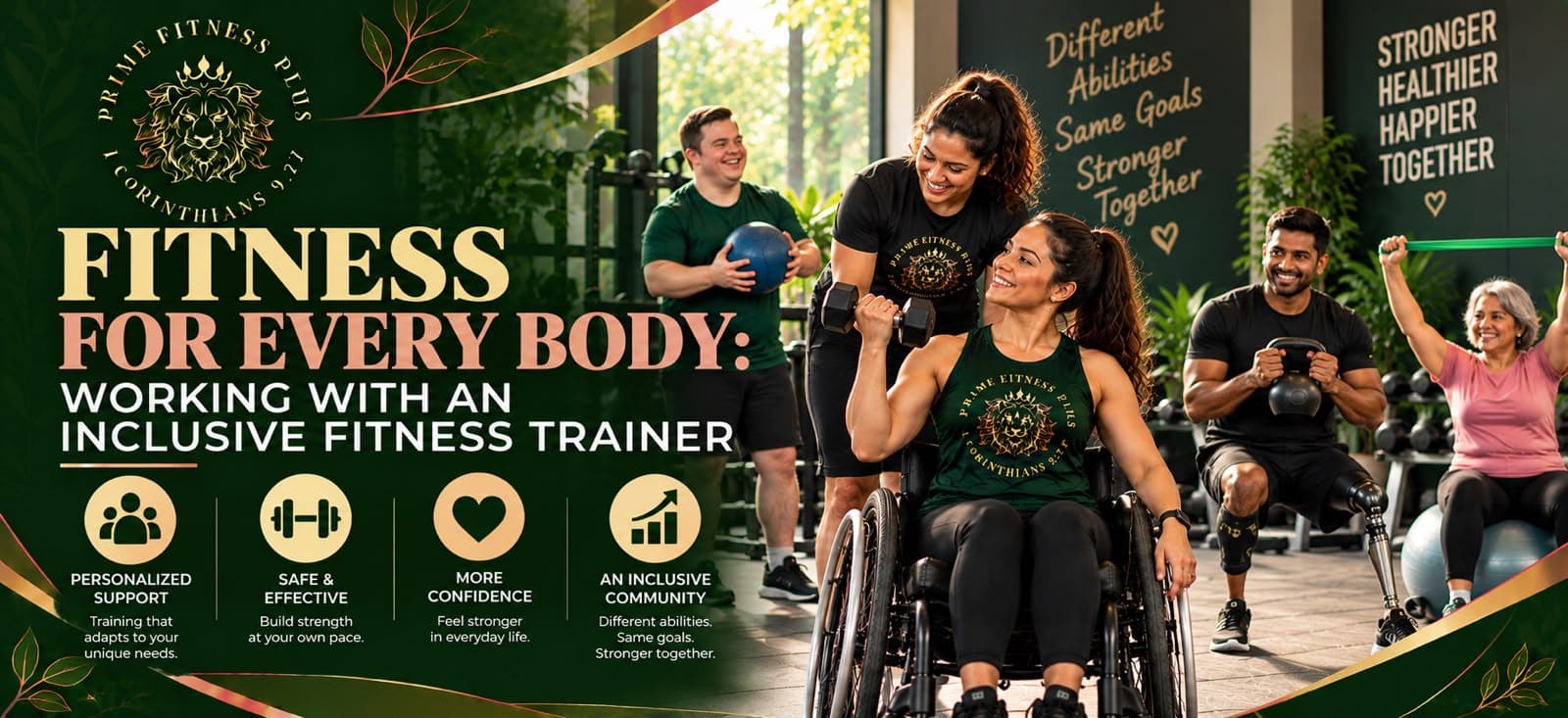 Inclusive fitness training: a smiling trainer assists a man in a wheelchair during an adaptive gym workout, promoting strength and support.