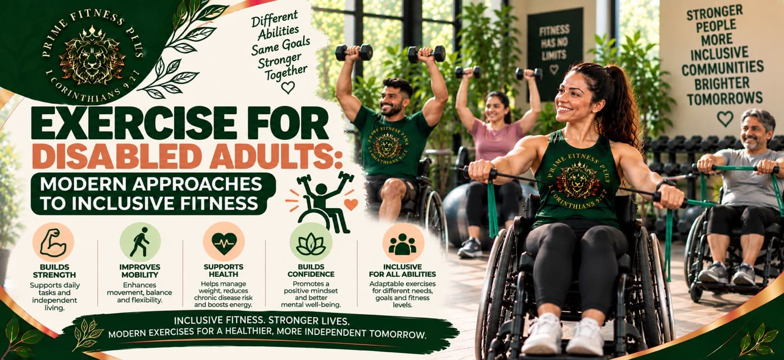 Group of diverse adults exercising in a gym, including a man in a wheelchair lifting weights, promoting inclusive fitness for disabled adults.