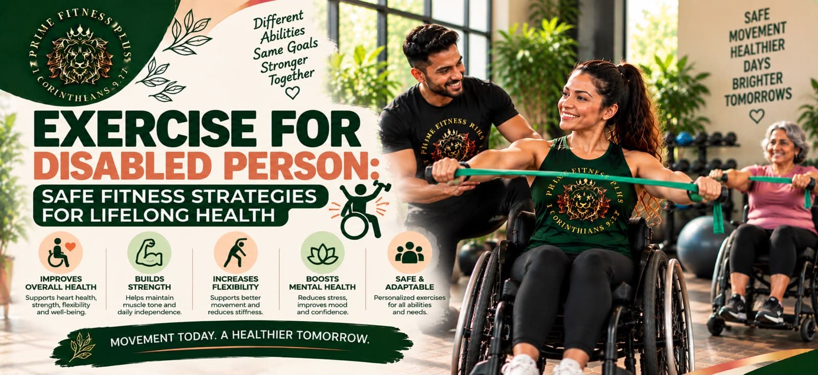 Two men with disabilities exercising with a trainer and a woman with a prosthetic leg using gym equipment in an inclusive fitness centre.