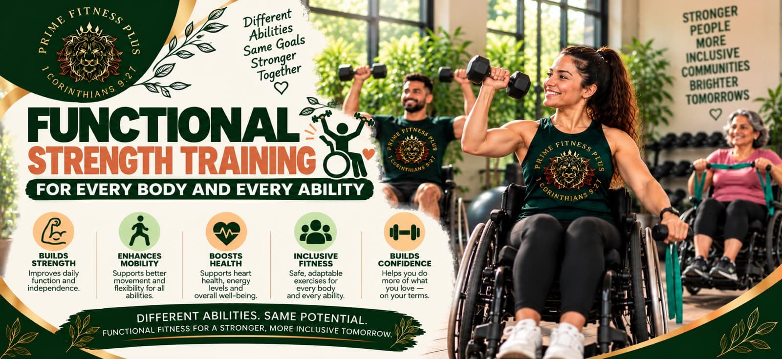 Fitness gear including kettlebell, dumbbell, medicine ball, and rope with text "Functional Strength Training for Every Body and Every Ability."