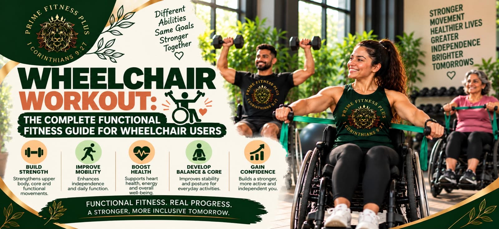WheelchairMan in a wheelchair lifting a dumbbell in a gym, promoting a complete functional fitness guide for wheelchair users.