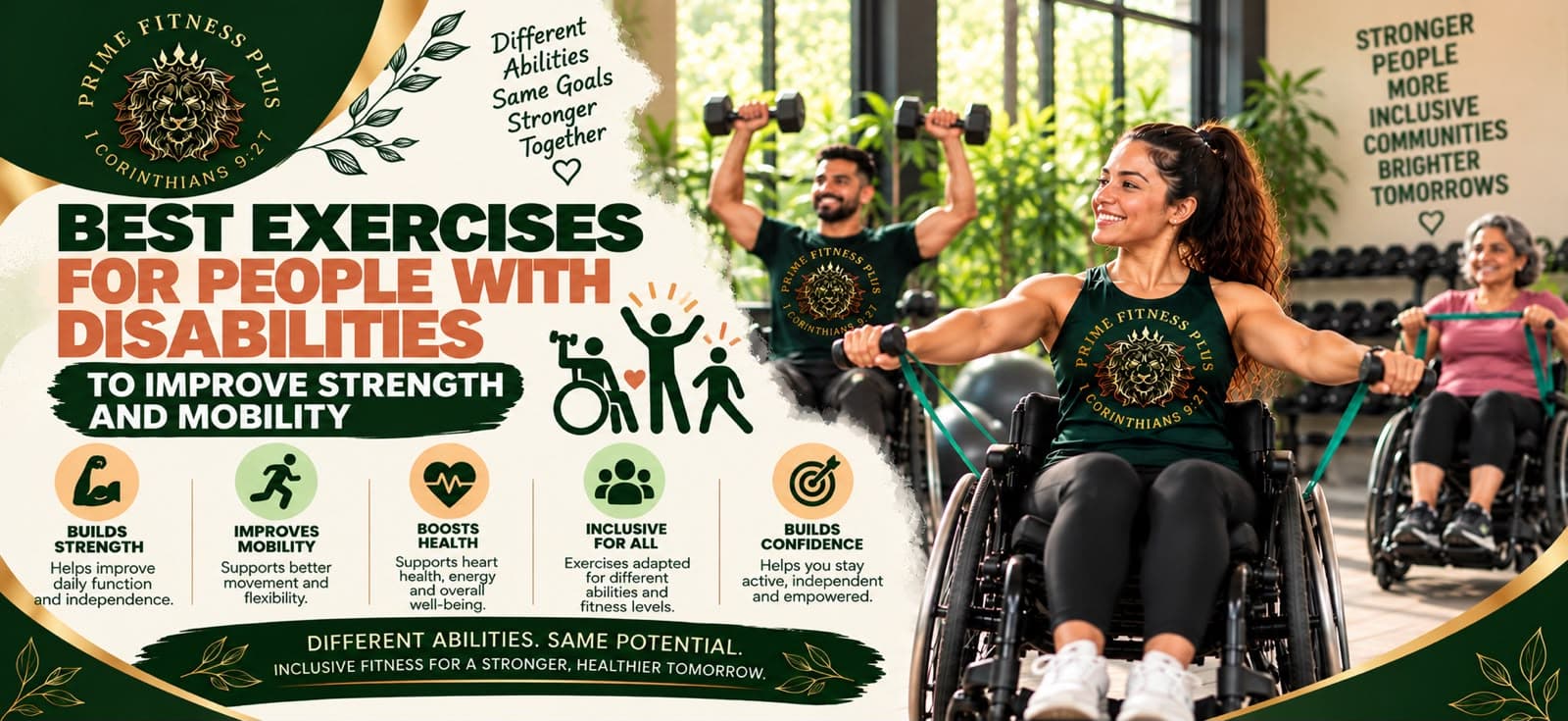 A woman in a wheelchair exercises with resistance bands, assisted by a smiling man in a gym.