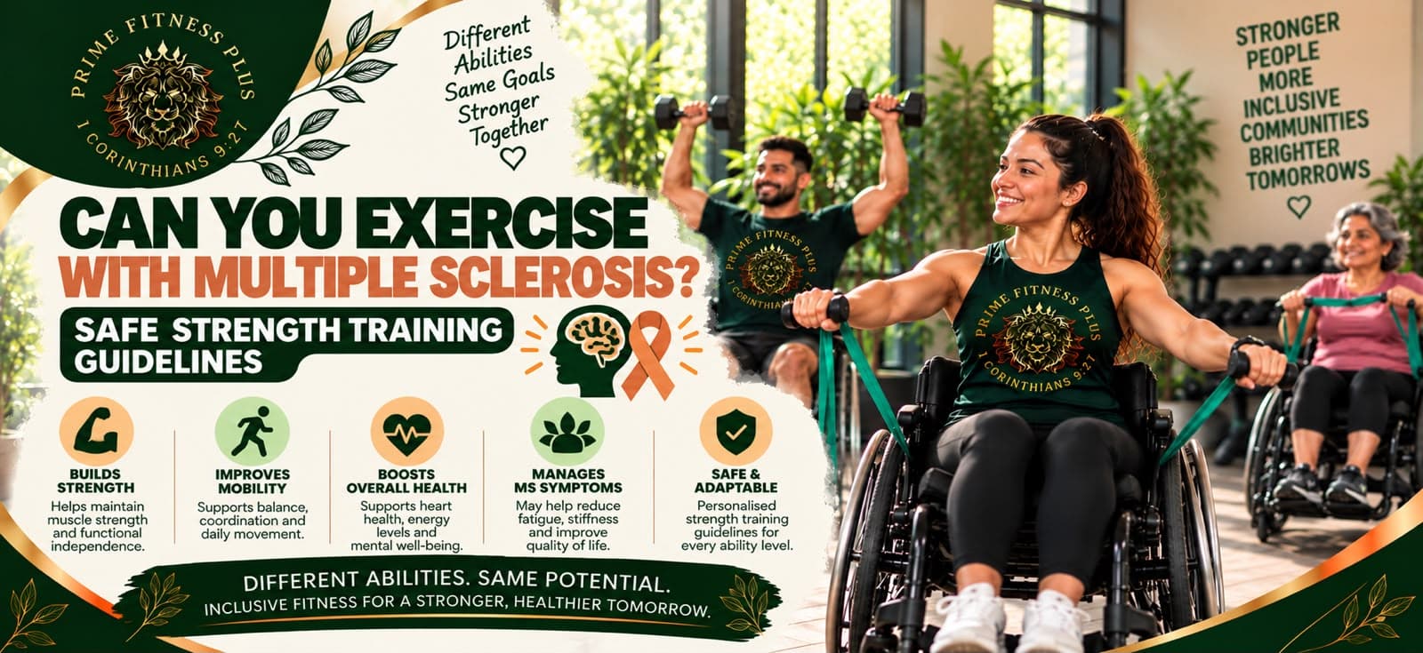Text about exercising with multiple sclerosis and safe strength training, with dumbbells, a yoga mat, a water bottle, and a plant on a dark background.